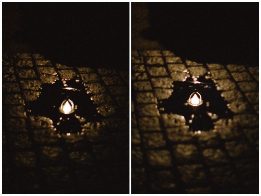 Vergleich zweier Bilder mit scharfem und unscharfem Fokus einer Lampe in Spiegelung (Pfütze)